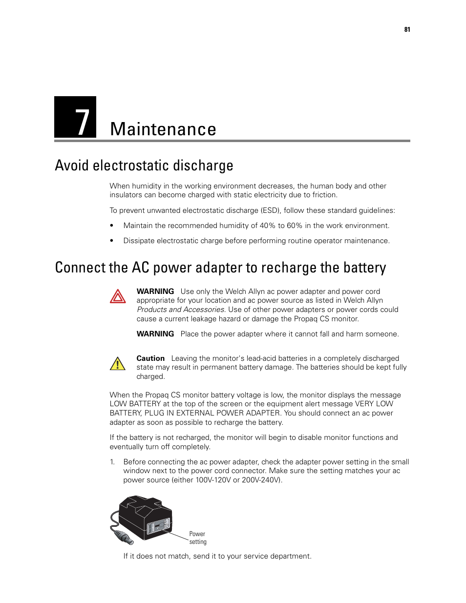 Maintenance, Avoid electrostatic discharge, 7 - maintenance | Connect, The ac power adapter to recharge the battery | Welch Allyn 246 Propaq CS Vital Signs Monitor v.3.7X - User Manual User Manual | Page 85 / 130