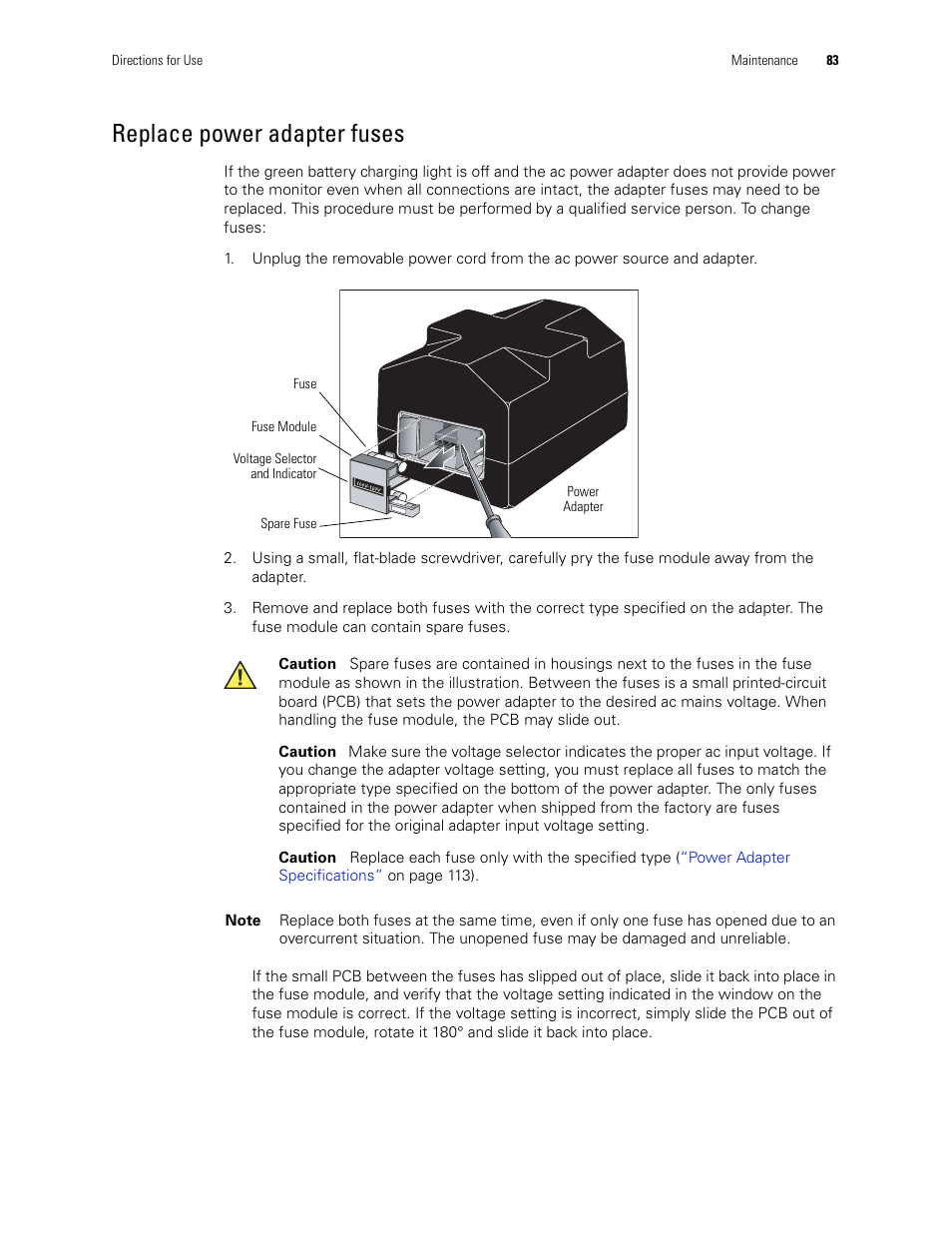 Replace power adapter fuses | Welch Allyn 246 Propaq CS Vital Signs Monitor v.3.7X - User Manual User Manual | Page 87 / 130