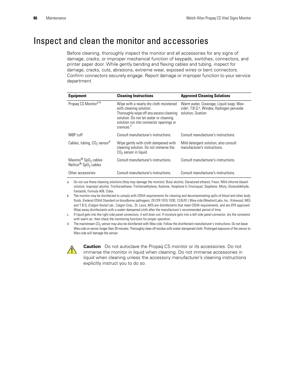 Inspect and clean the monitor and accessories | Welch Allyn 246 Propaq CS Vital Signs Monitor v.3.7X - User Manual User Manual | Page 90 / 130