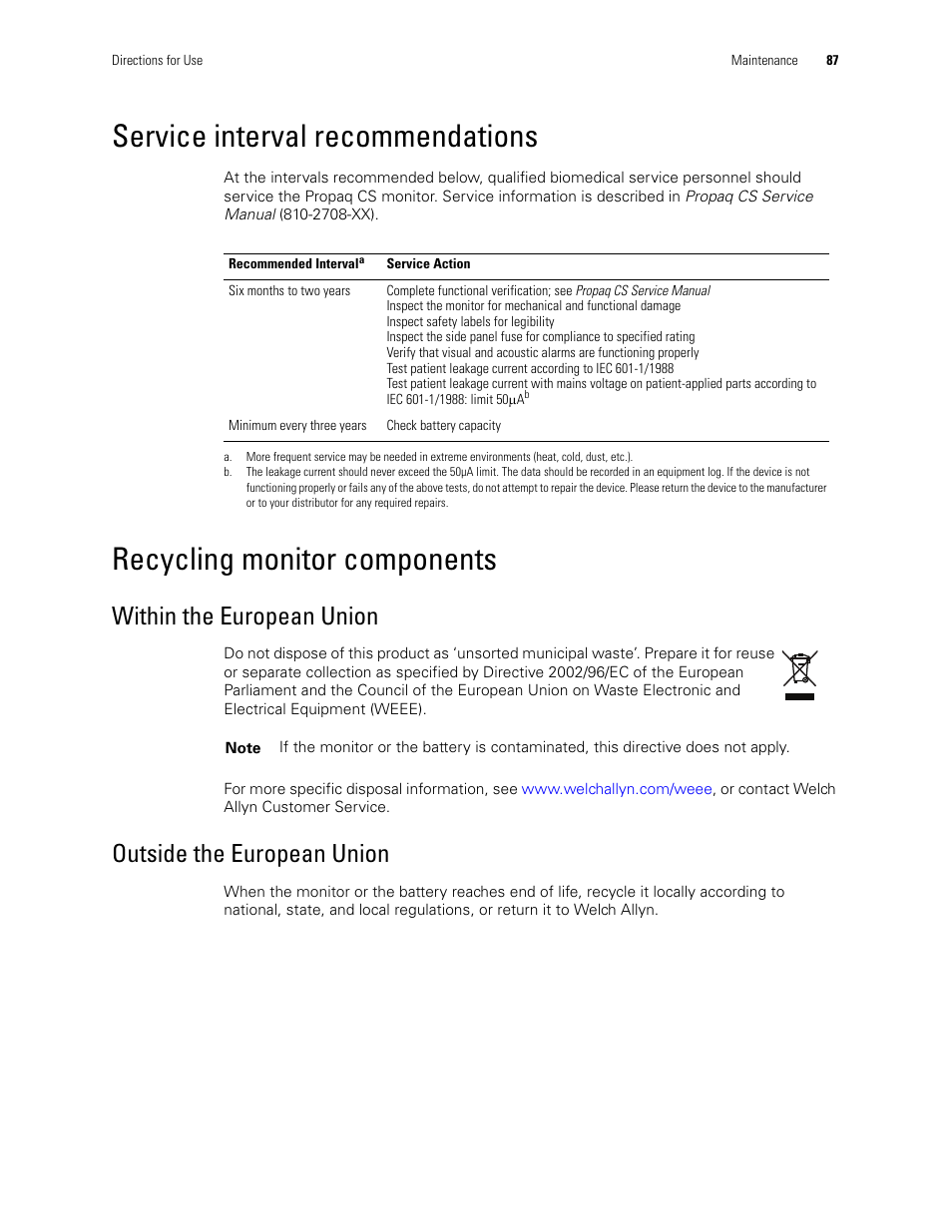 Service interval recommendations, Recycling monitor components, Within the european union | Outside the european union | Welch Allyn 246 Propaq CS Vital Signs Monitor v.3.7X - User Manual User Manual | Page 91 / 130