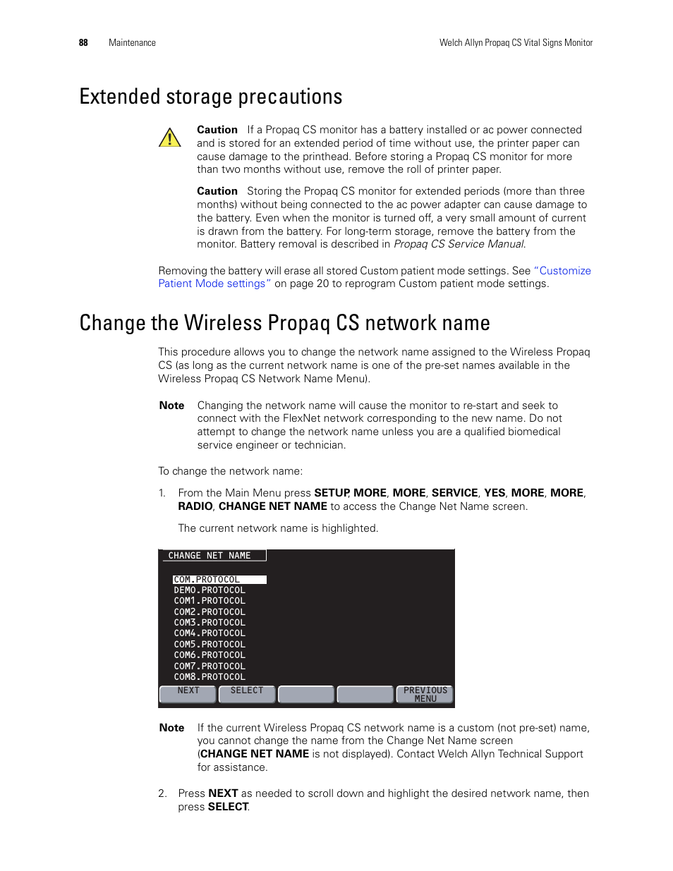 Extended storage precautions, Change the wireless propaq cs network name | Welch Allyn 246 Propaq CS Vital Signs Monitor v.3.7X - User Manual User Manual | Page 92 / 130