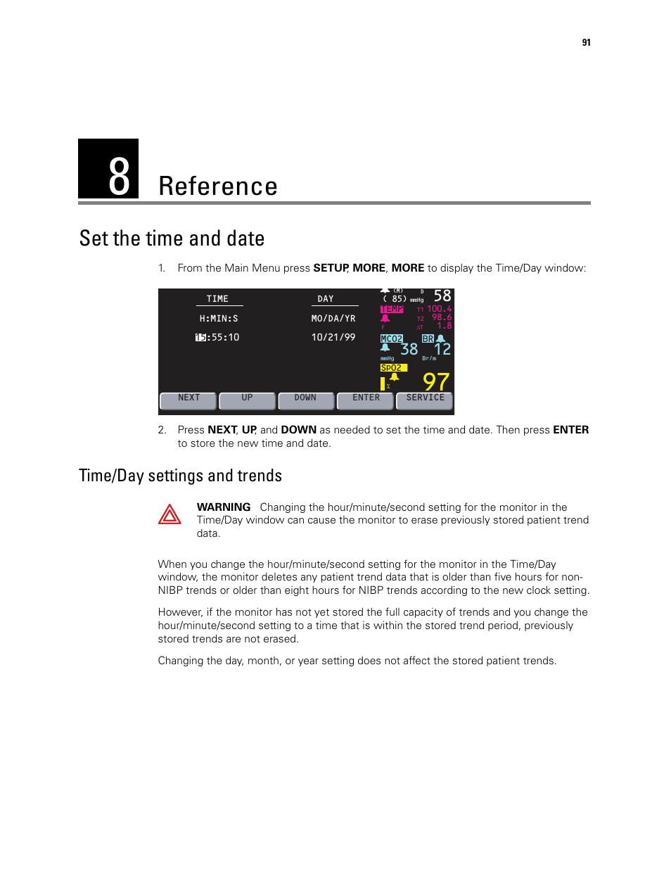 Reference, Set the time and date, 8 - reference | Time/day settings and trends | Welch Allyn 246 Propaq CS Vital Signs Monitor v.3.7X - User Manual User Manual | Page 95 / 130