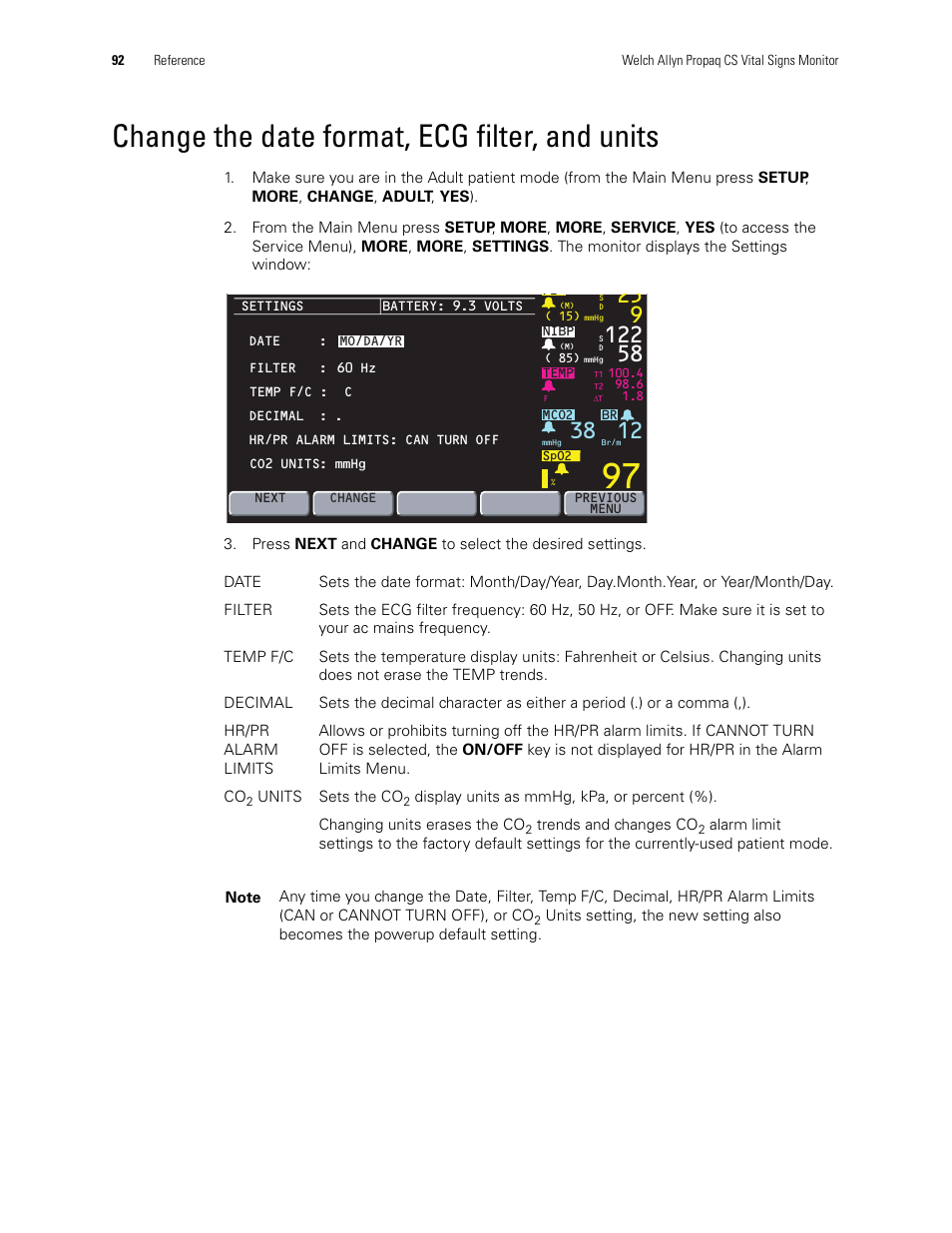 Change the date format, ecg filter, and units, Change the date format, ecg filter, and, Units | Welch Allyn 246 Propaq CS Vital Signs Monitor v.3.7X - User Manual User Manual | Page 96 / 130