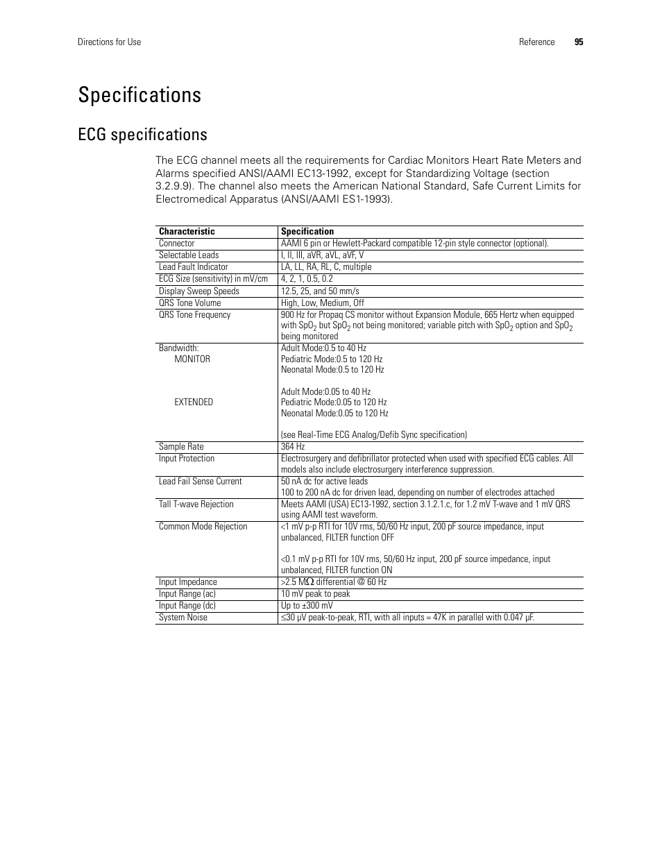 Specifications, Ecg specifications | Welch Allyn 246 Propaq CS Vital Signs Monitor v.3.7X - User Manual User Manual | Page 99 / 130