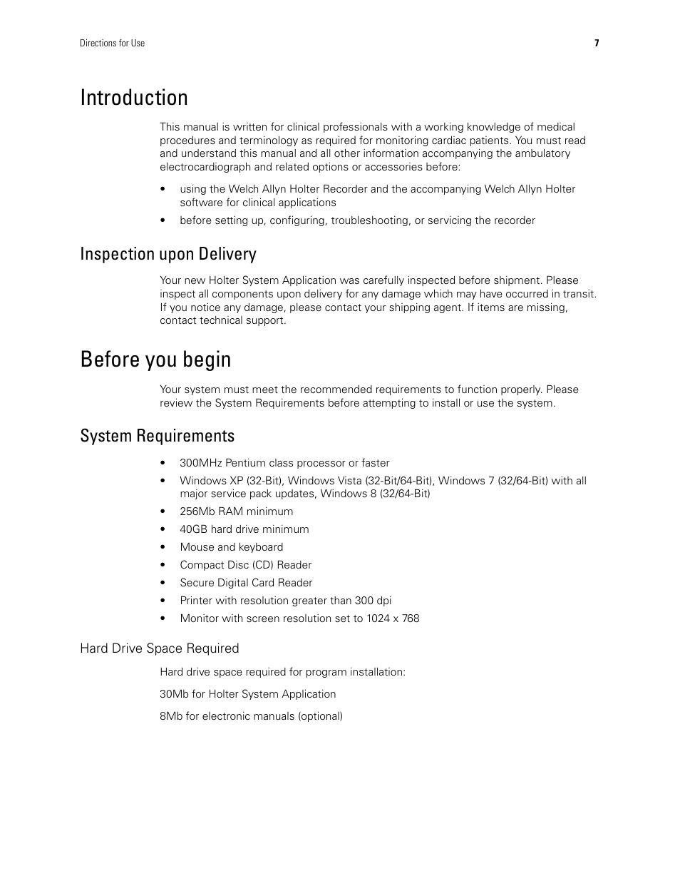 Introduction, Inspection upon delivery, Before you begin | System requirements, Hard drive space required | Welch Allyn Holter System - User Manual User Manual | Page 11 / 70