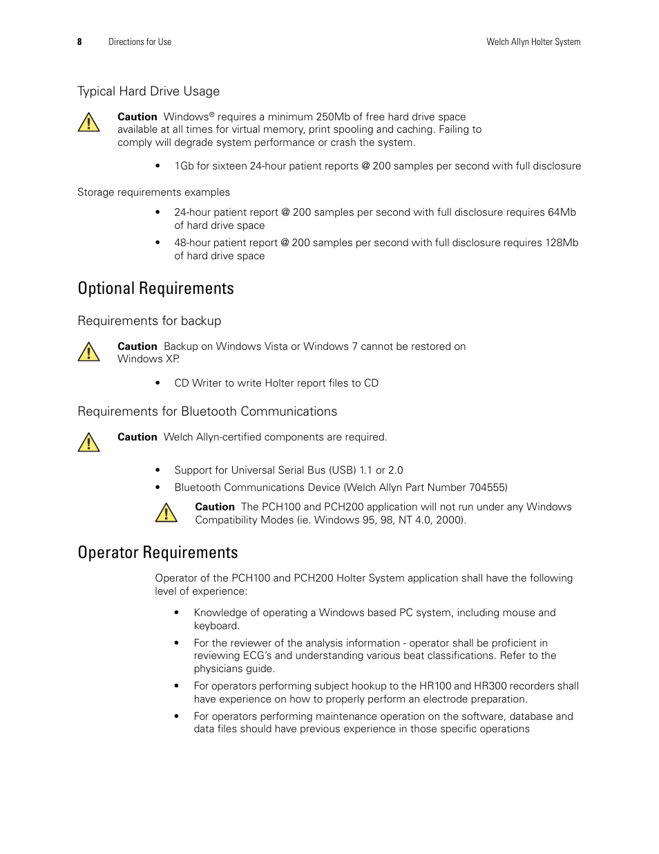 Typical hard drive usage, Storage requirements examples, Optional requirements | Requirements for backup, Requirements for bluetooth communications, Operator requirements, Optional requirements operator requirements | Welch Allyn Holter System - User Manual User Manual | Page 12 / 70