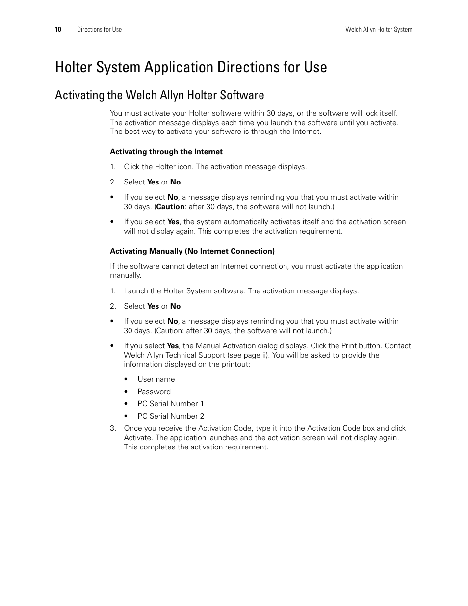 Holter system application directions for use, Activating the welch allyn holter software | Welch Allyn Holter System - User Manual User Manual | Page 14 / 70