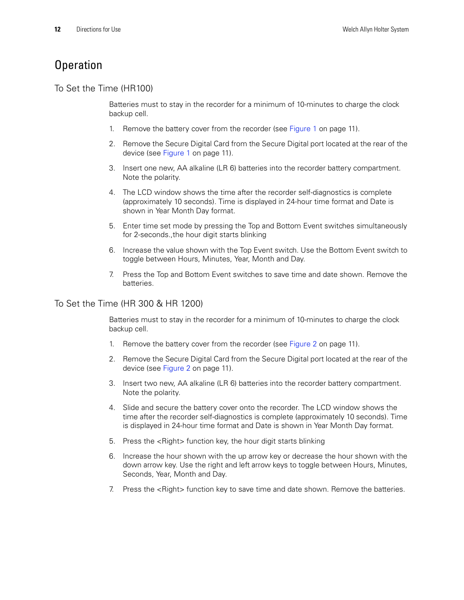 Operation, To set the time (hr100), To set the time (hr 300 & hr 1200) | Welch Allyn Holter System - User Manual User Manual | Page 16 / 70
