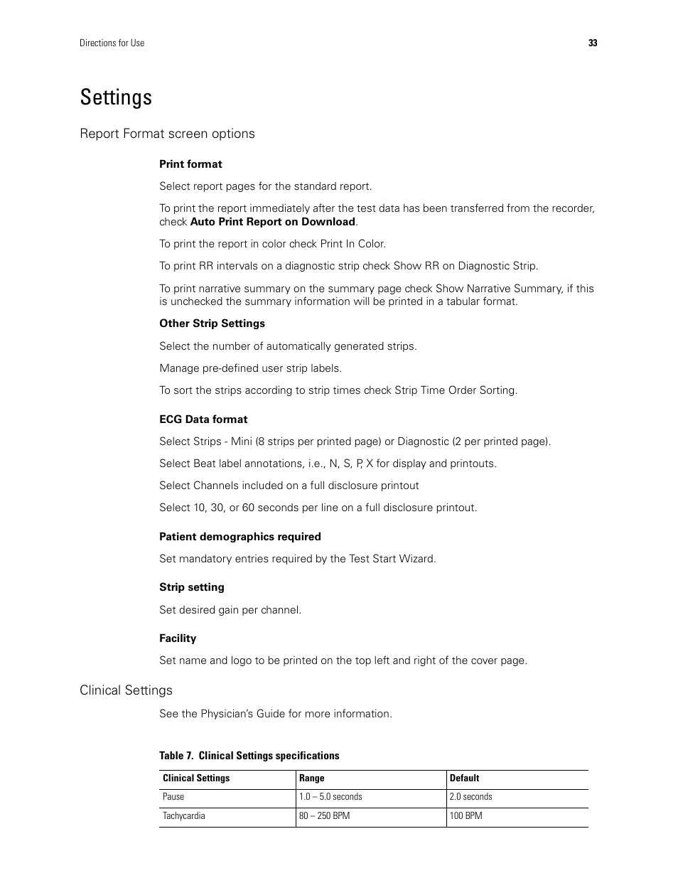 Settings, Report format screen options, Clinical settings | Welch Allyn Holter System - User Manual User Manual | Page 37 / 70