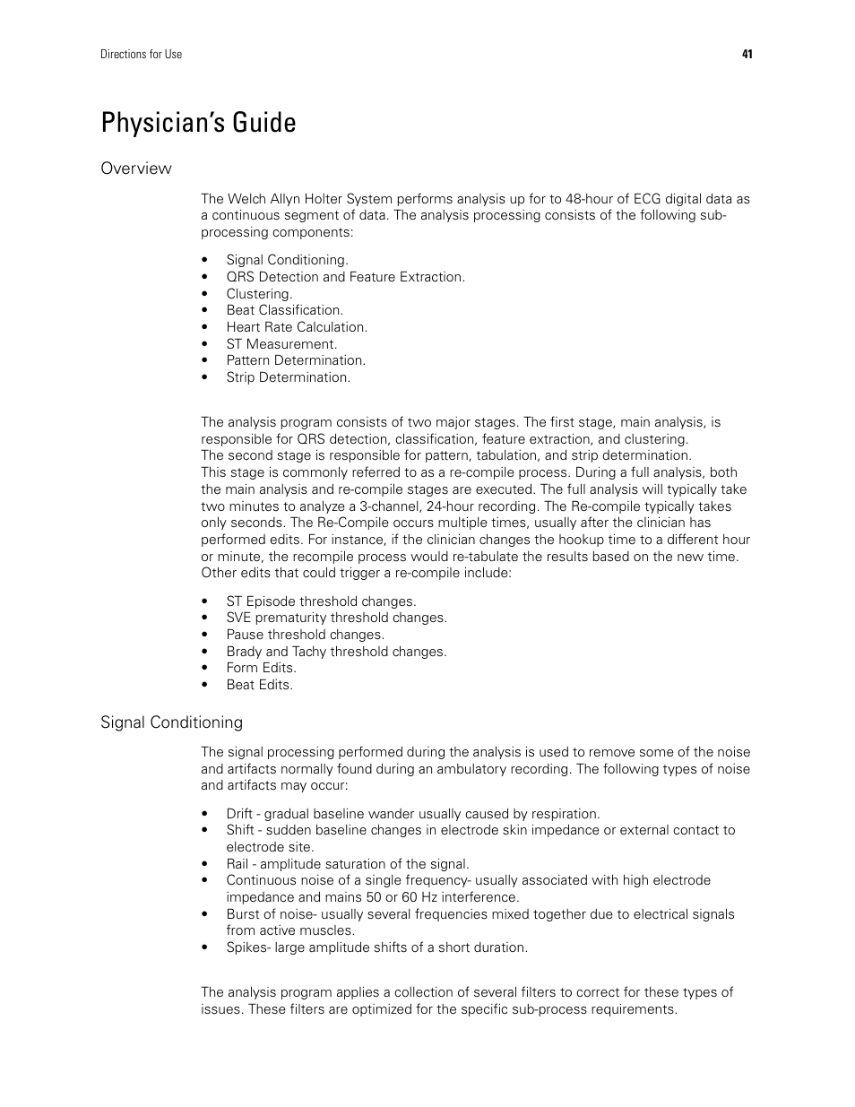 Physician’s guide, Overview, Signal conditioning | Welch Allyn Holter System - User Manual User Manual | Page 45 / 70