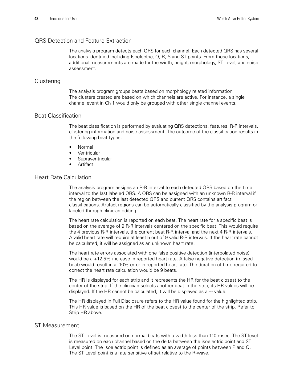 Qrs detection and feature extraction, Clustering, Beat classification | Heart rate calculation, St measurement | Welch Allyn Holter System - User Manual User Manual | Page 46 / 70