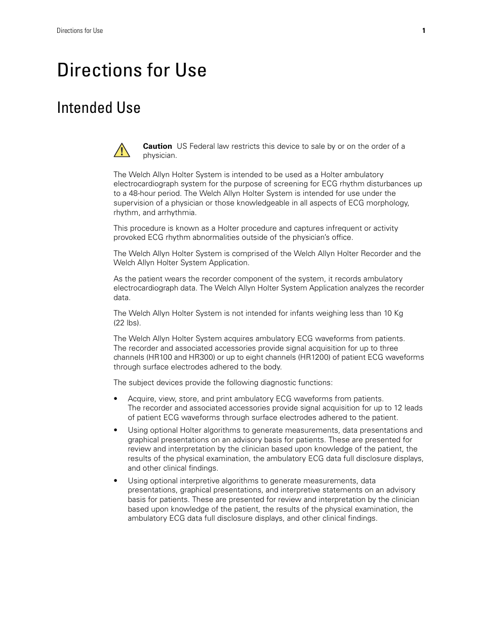 Directions for use, Intended use | Welch Allyn Holter System - User Manual User Manual | Page 5 / 70