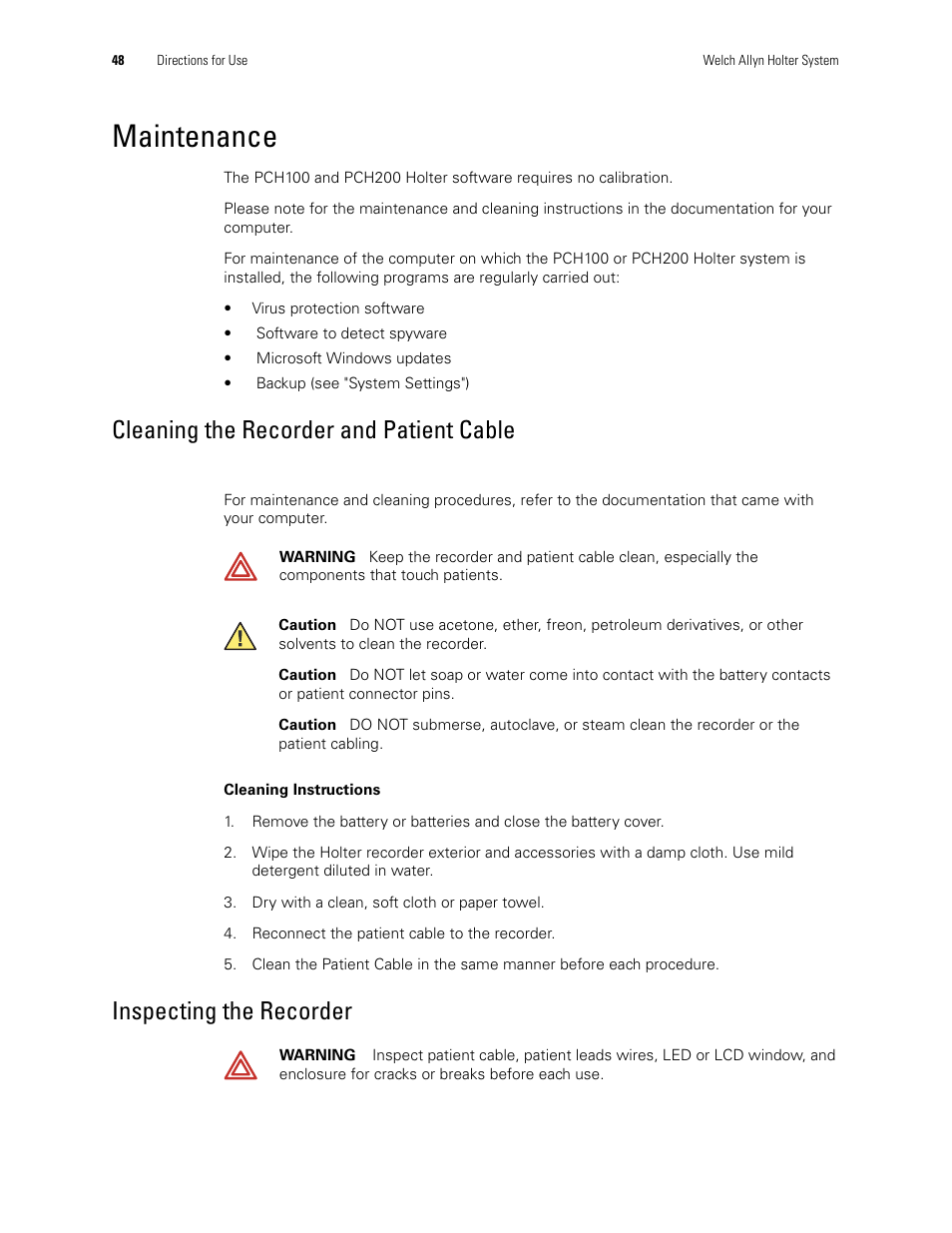 Maintenance, Cleaning the recorder and patient cable, Inspecting the recorder | Welch Allyn Holter System - User Manual User Manual | Page 52 / 70