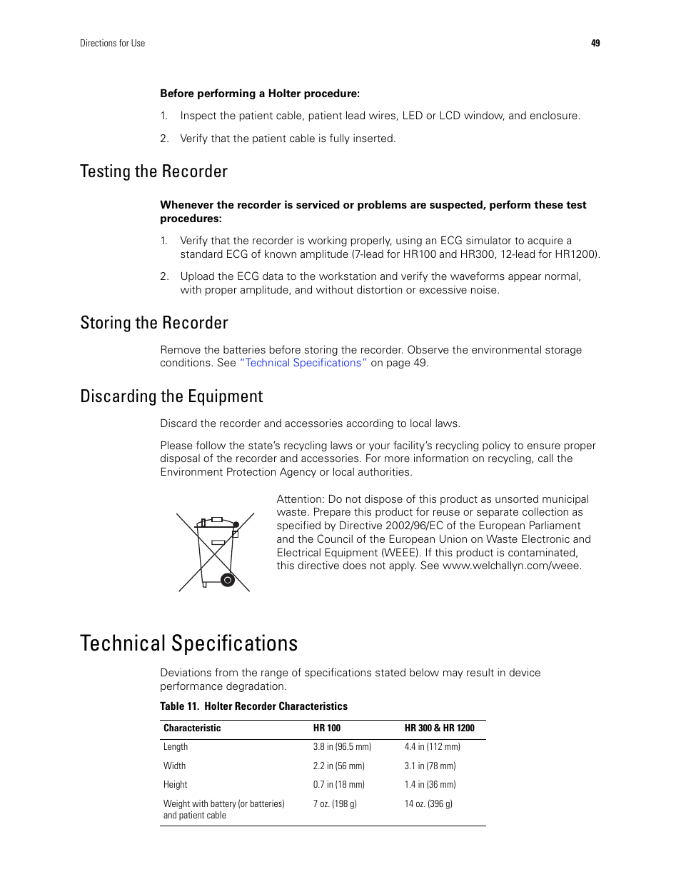 Testing the recorder, Storing the recorder, Discarding the equipment | Technical specifications | Welch Allyn Holter System - User Manual User Manual | Page 53 / 70