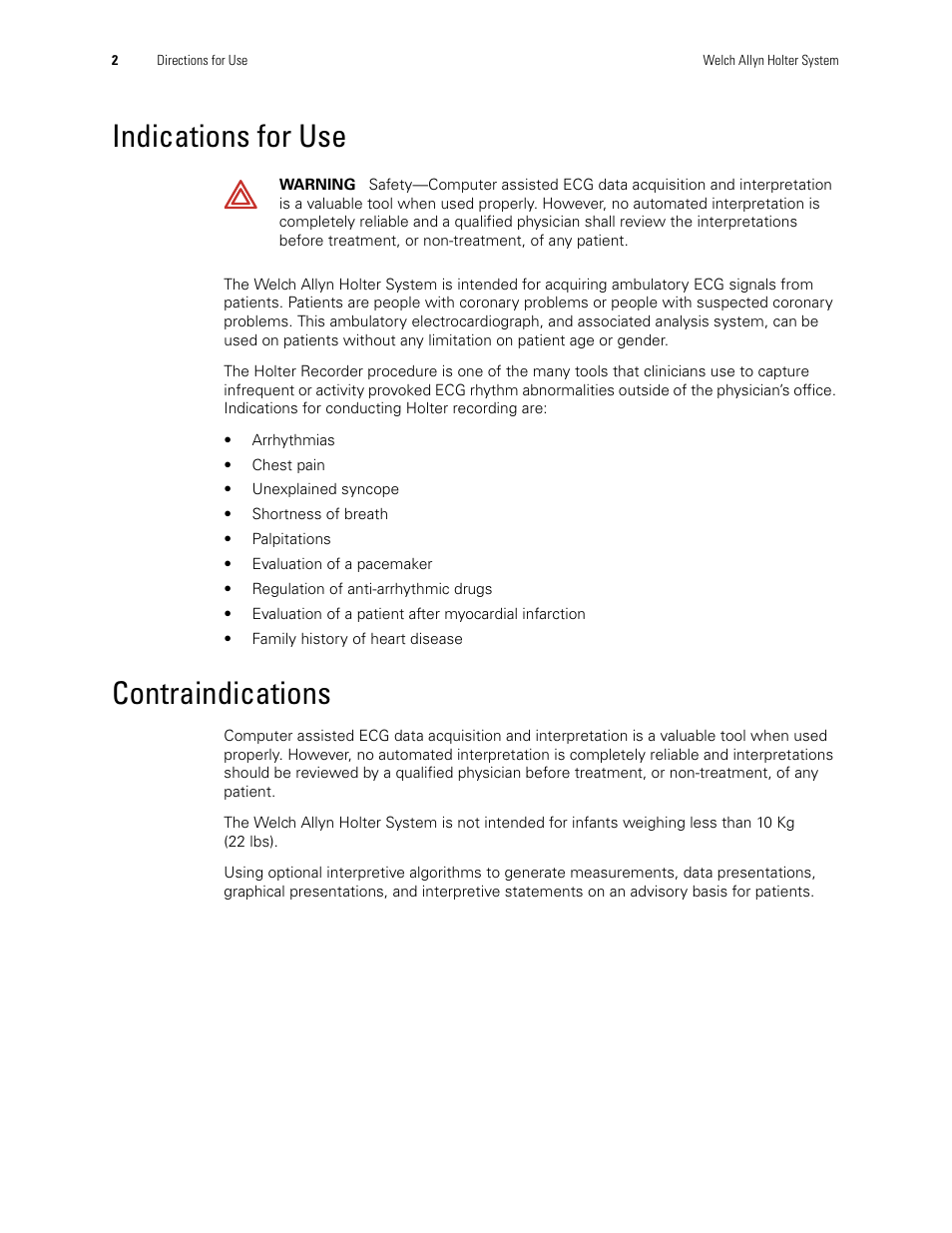 Indications for use, Contraindications, Indications for use contraindications | Welch Allyn Holter System - User Manual User Manual | Page 6 / 70