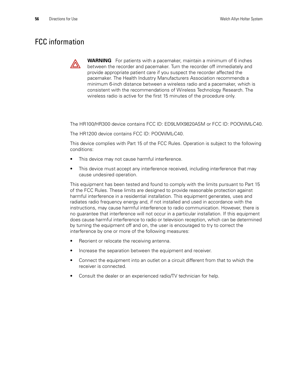 Fcc information | Welch Allyn Holter System - User Manual User Manual | Page 60 / 70