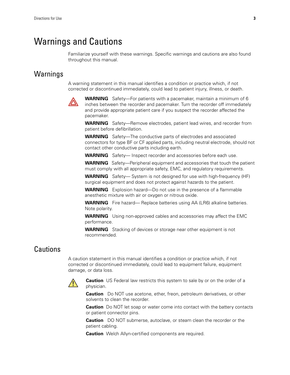 Warnings and cautions, Warnings, Cautions | Warnings cautions | Welch Allyn Holter System - User Manual User Manual | Page 7 / 70