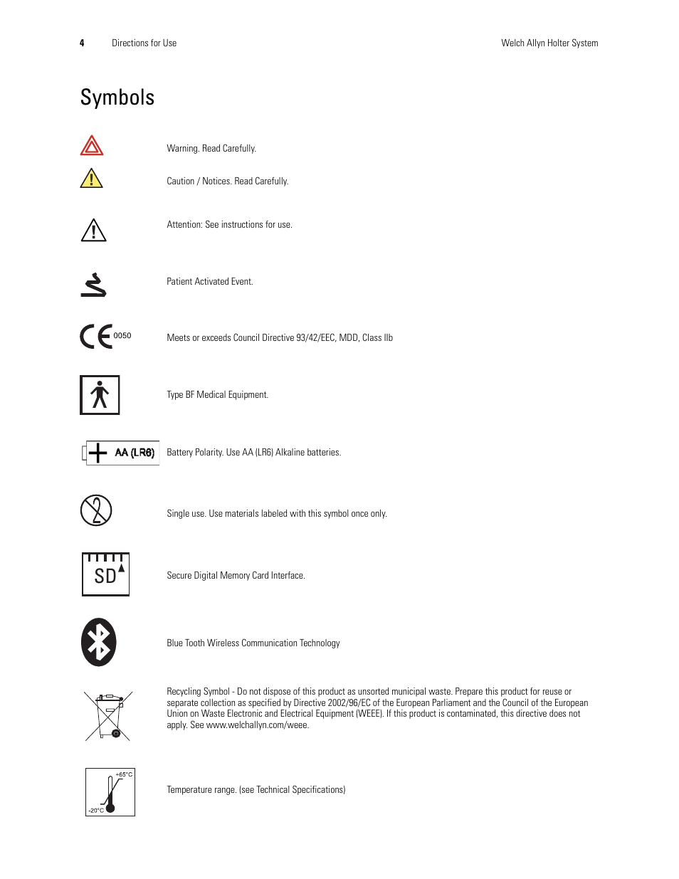 Symbols | Welch Allyn Holter System - User Manual User Manual | Page 8 / 70
