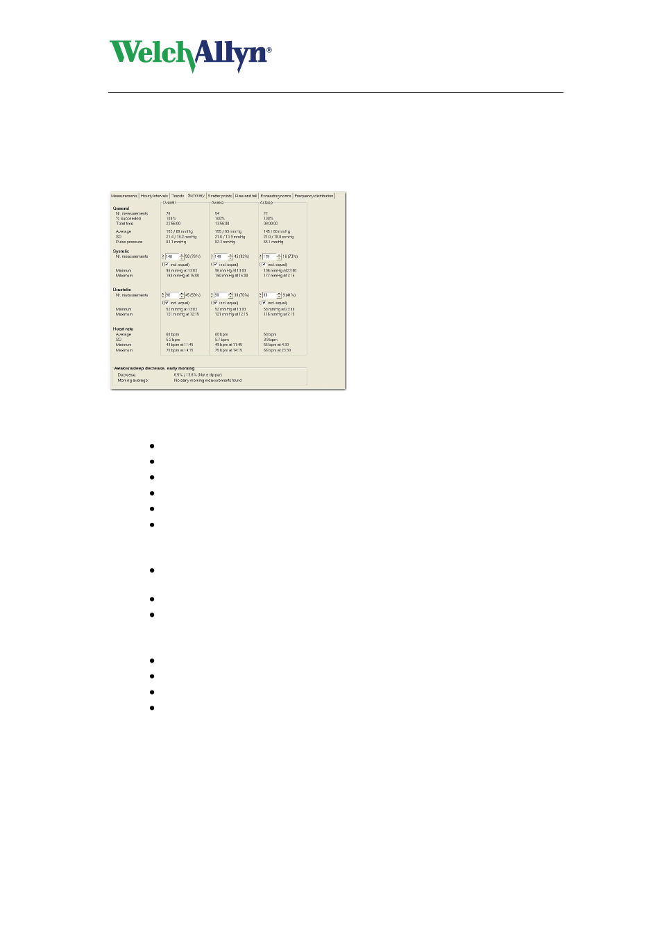 7 summary view, Information, Awake/asleep decrease | Morning average, Cardioperfect workstation, Abp module - user manual | Welch Allyn CardioPerfect Workstation ABP Module - User Manual User Manual | Page 22 / 40