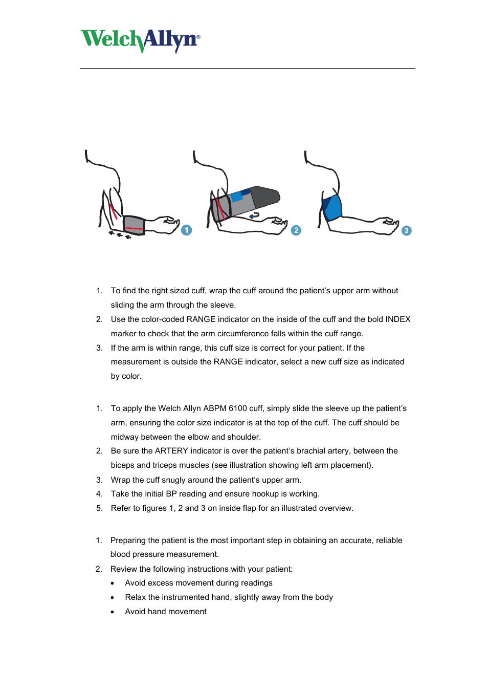 5 sleeve cuff placement, Sleeve cuff, Step 2: applying the cuff | Step 3: prepare the patient, Sleeve cuff placement, Abpm 6100 hardware manual | Welch Allyn ABPM 6100 Hardware - User Manual User Manual | Page 16 / 28