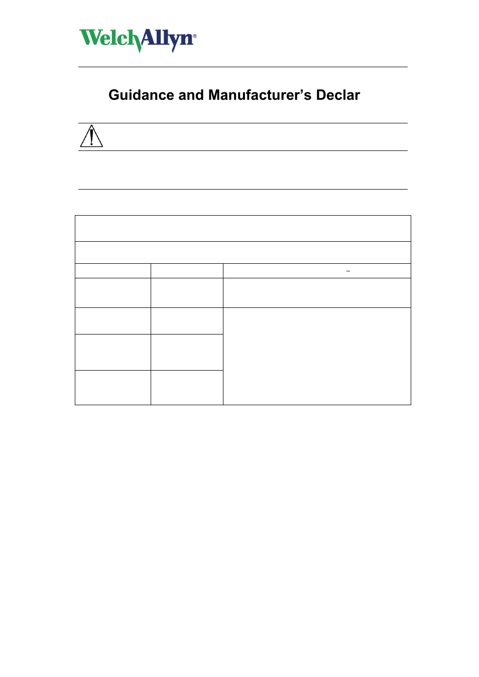 Guidance and manufacturer’s declarations, Guidance and manufac, Turer’s declarations | Abpm 6100 hardware manual, Caution | Welch Allyn ABPM 6100 Hardware - User Manual User Manual | Page 25 / 28
