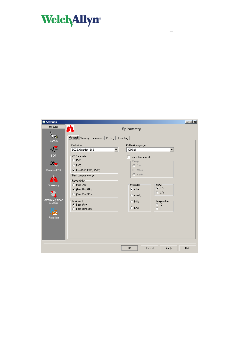 5 customizing the spirometry module, 1 general tab, Customizing the spirometry module | General tab, 5customizing the spirometry module, Cardioperfect workstation, Spiroperfect module – user manual | Welch Allyn CardioPerfect Workstation SpiroPerfect Module - User Manual User Manual | Page 20 / 95