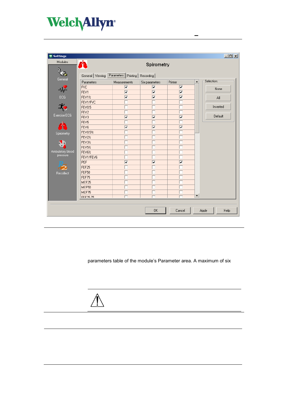 Cardioperfect workstation, Spiroperfect module – user manual, Warning | Welch Allyn CardioPerfect Workstation SpiroPerfect Module - User Manual User Manual | Page 25 / 95