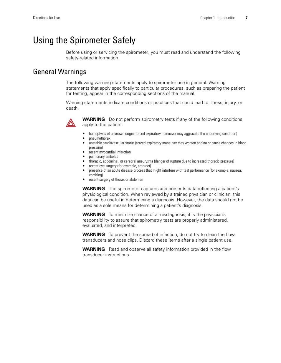 Using the spirometer safely, General warnings | Welch Allyn CP 200 Spirometry Option - User Manual User Manual | Page 11 / 92