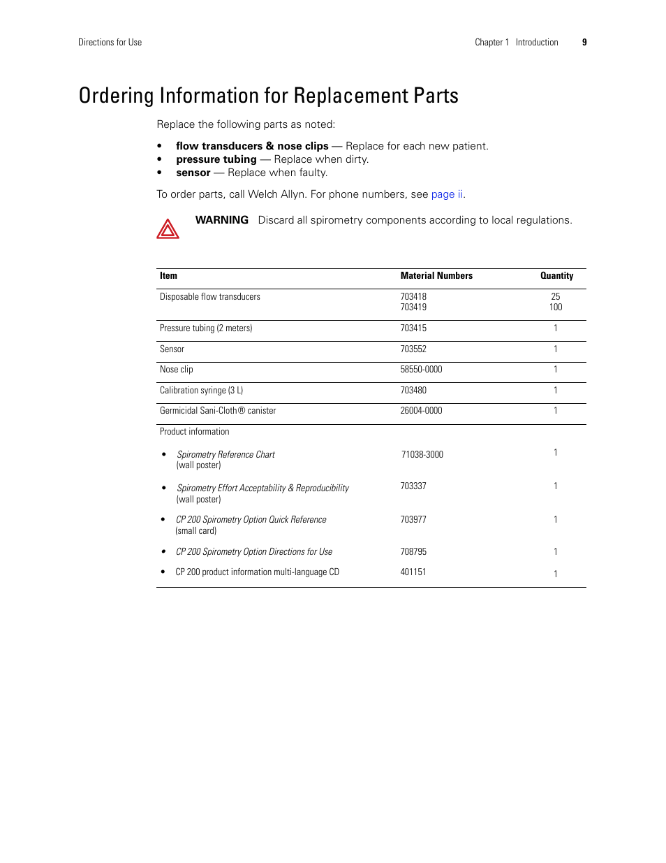 Ordering information for replacement parts | Welch Allyn CP 200 Spirometry Option - User Manual User Manual | Page 13 / 92