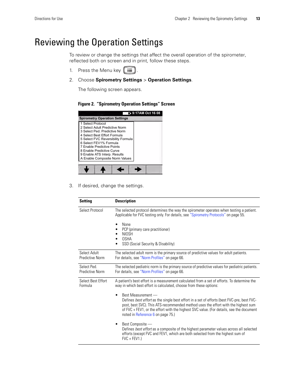 Reviewing the operation settings | Welch Allyn CP 200 Spirometry Option - User Manual User Manual | Page 17 / 92
