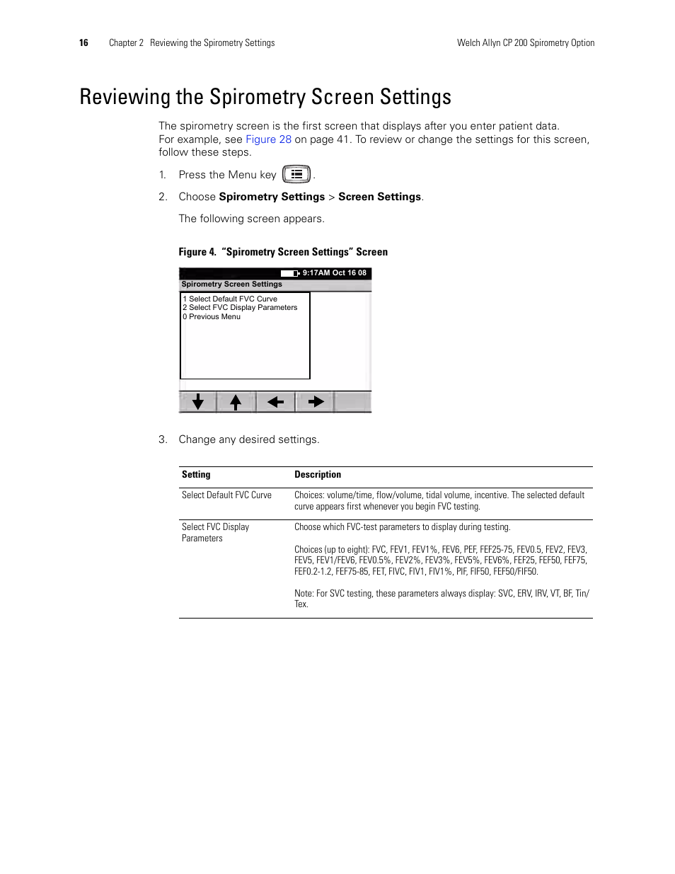 Reviewing the spirometry screen settings | Welch Allyn CP 200 Spirometry Option - User Manual User Manual | Page 20 / 92