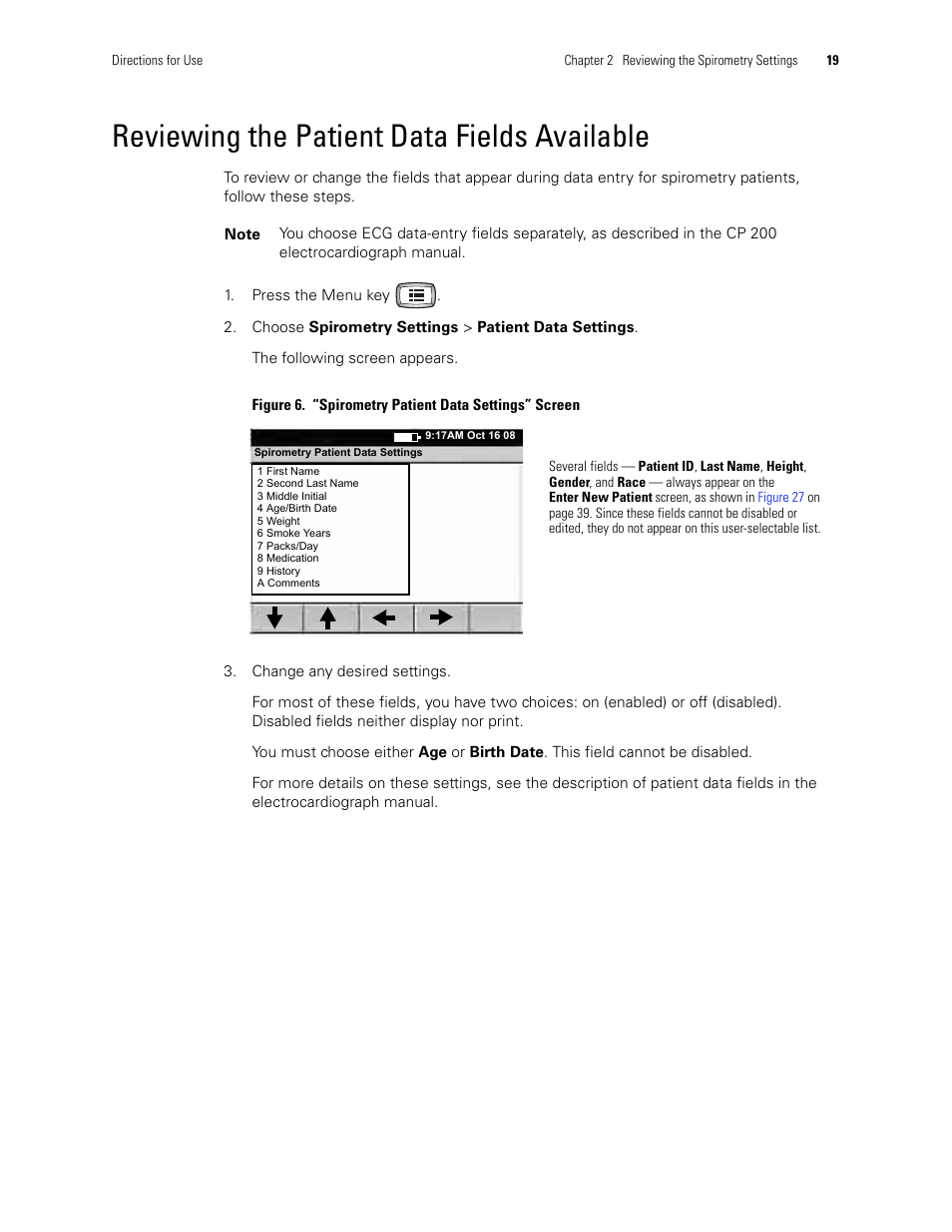 Reviewing the patient data fields available | Welch Allyn CP 200 Spirometry Option - User Manual User Manual | Page 23 / 92