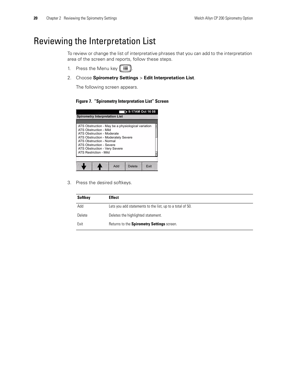 Reviewing the interpretation list | Welch Allyn CP 200 Spirometry Option - User Manual User Manual | Page 24 / 92