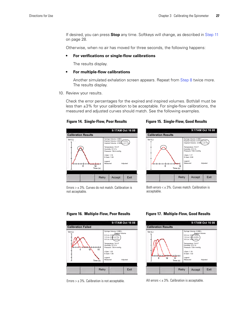 Errors > ± 3%. calibration is not acceptable, All errors < ± 3%. calibration is acceptable | Welch Allyn CP 200 Spirometry Option - User Manual User Manual | Page 31 / 92