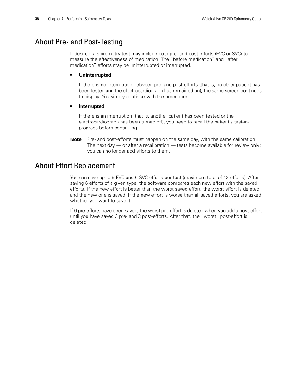 About pre- and post-testing, About effort replacement, About effort | Replacement | Welch Allyn CP 200 Spirometry Option - User Manual User Manual | Page 40 / 92