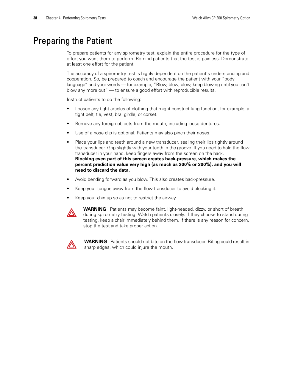 Preparing the patient | Welch Allyn CP 200 Spirometry Option - User Manual User Manual | Page 42 / 92
