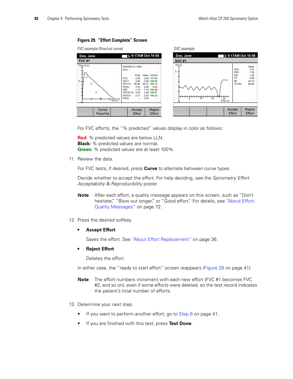 Svc example fvc example (flow/vol curve) | Welch Allyn CP 200 Spirometry Option - User Manual User Manual | Page 46 / 92