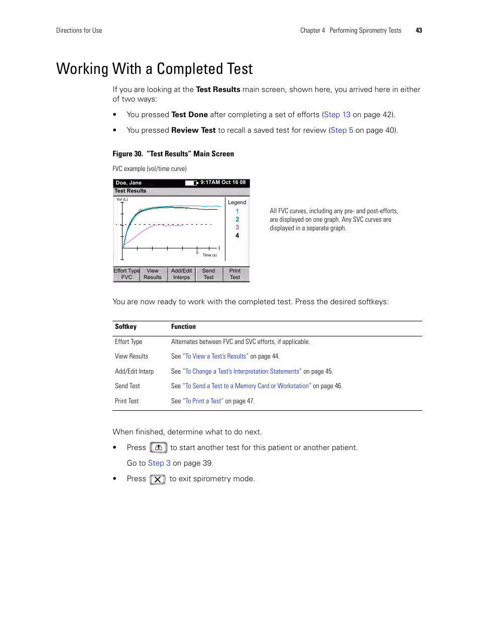 Working with a completed test, Working with a, Completed test | Welch Allyn CP 200 Spirometry Option - User Manual User Manual | Page 47 / 92