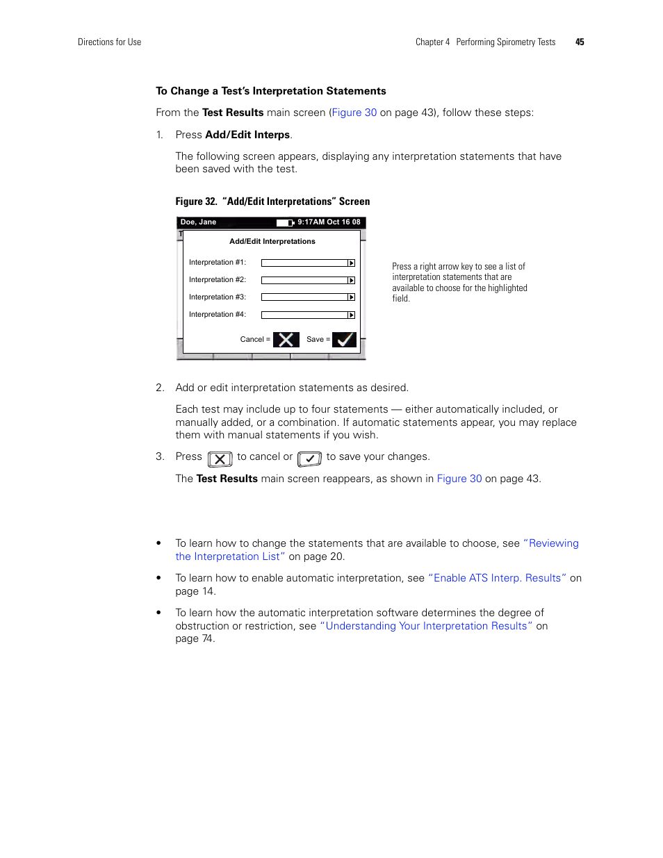 To change a test’s interpretation statements | Welch Allyn CP 200 Spirometry Option - User Manual User Manual | Page 49 / 92