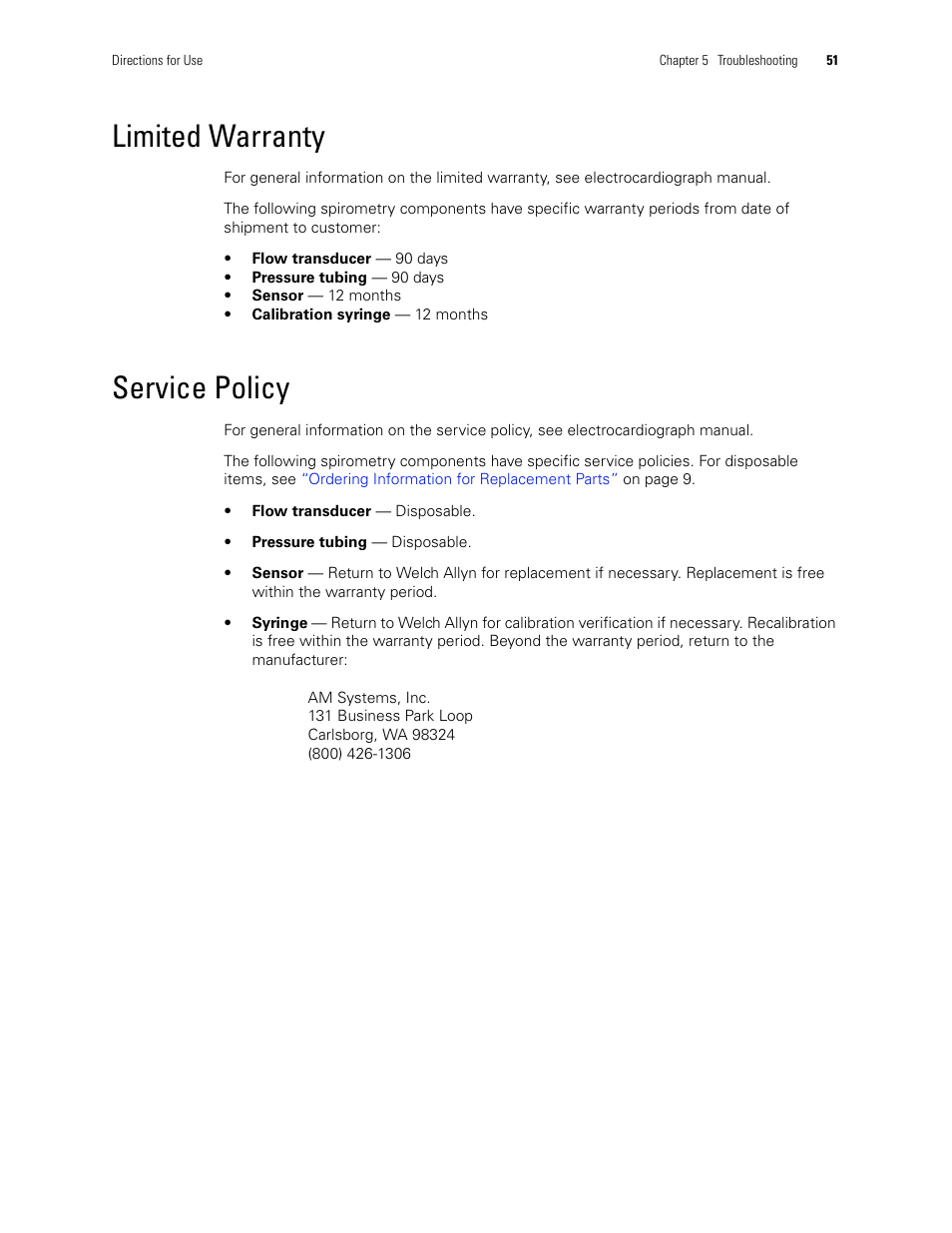 Limited warranty, Service policy, Limited warranty service policy | Welch Allyn CP 200 Spirometry Option - User Manual User Manual | Page 55 / 92