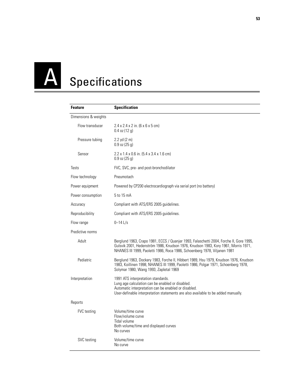 Specifications, A - specifications | Welch Allyn CP 200 Spirometry Option - User Manual User Manual | Page 57 / 92