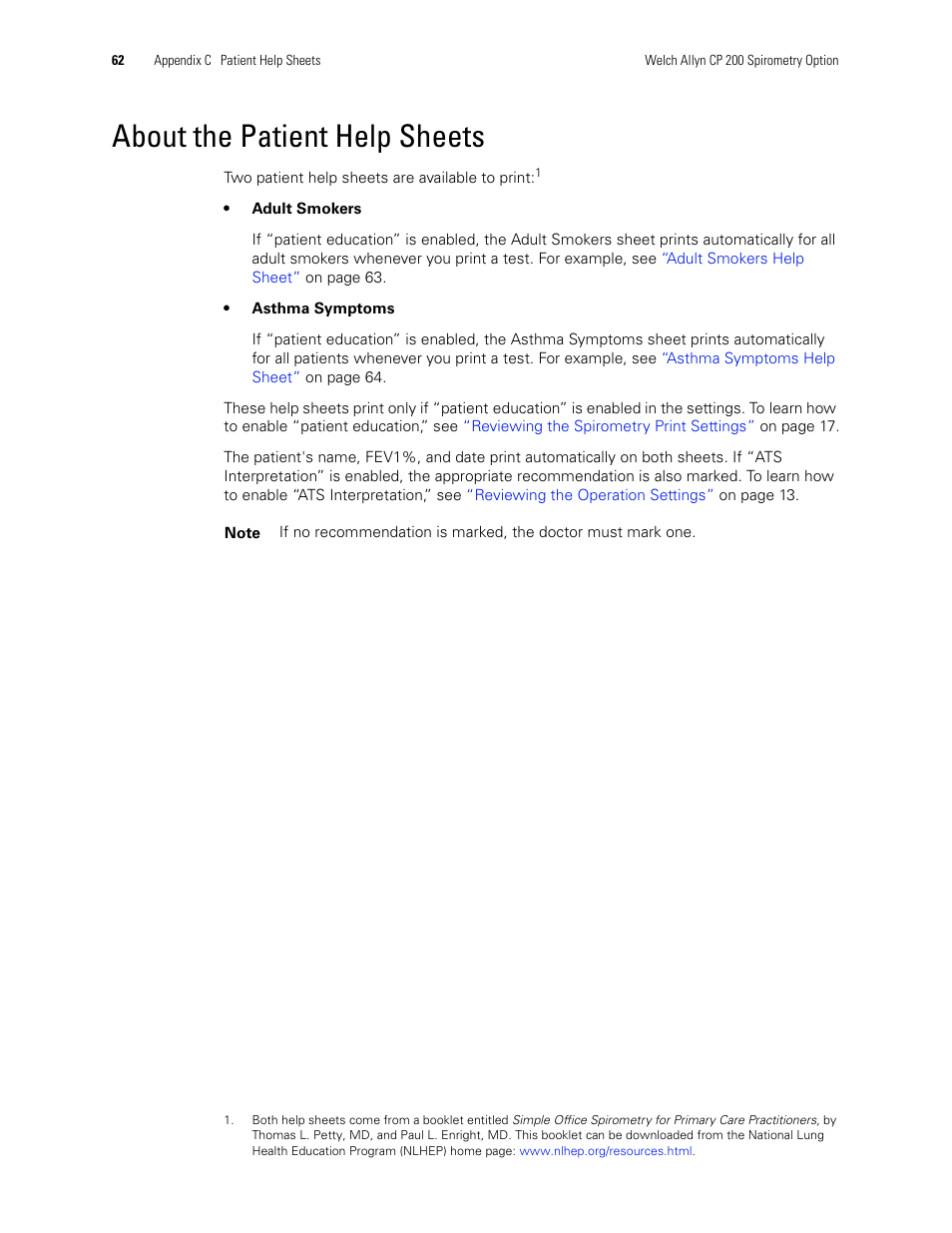 About the patient help sheets | Welch Allyn CP 200 Spirometry Option - User Manual User Manual | Page 66 / 92