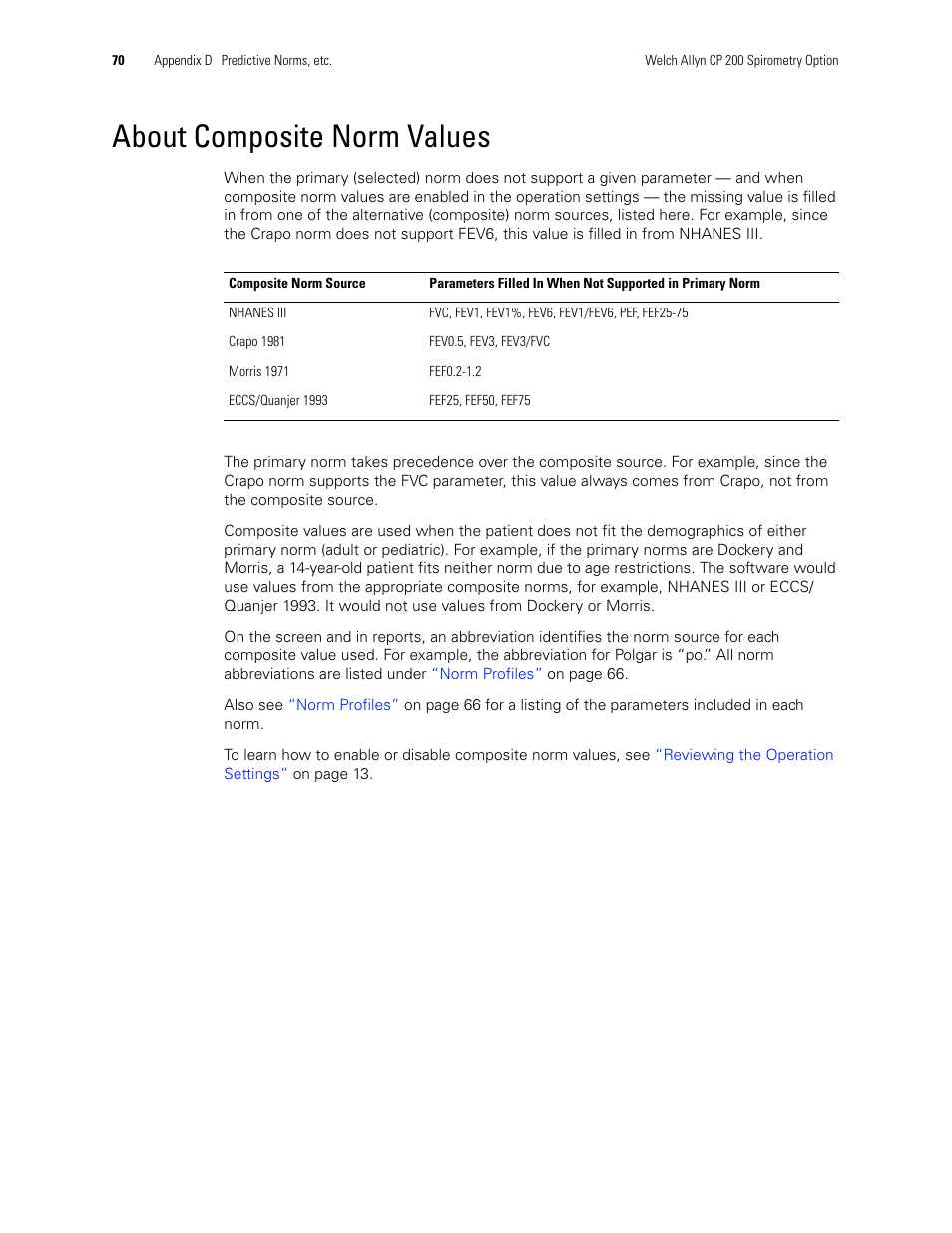 About composite norm values | Welch Allyn CP 200 Spirometry Option - User Manual User Manual | Page 74 / 92