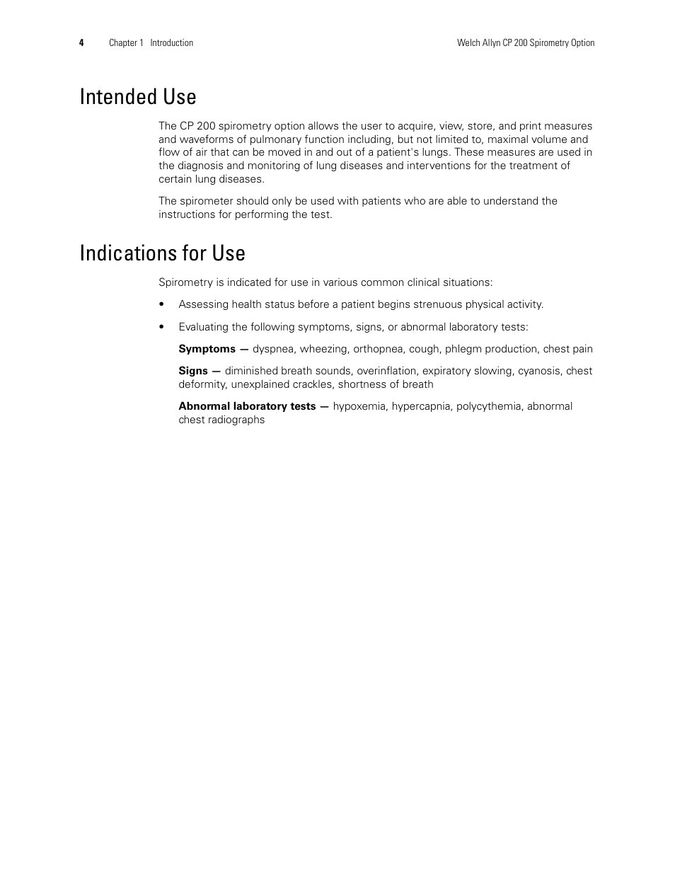 Intended use, Indications for use, Intended use indications for use | Welch Allyn CP 200 Spirometry Option - User Manual User Manual | Page 8 / 92