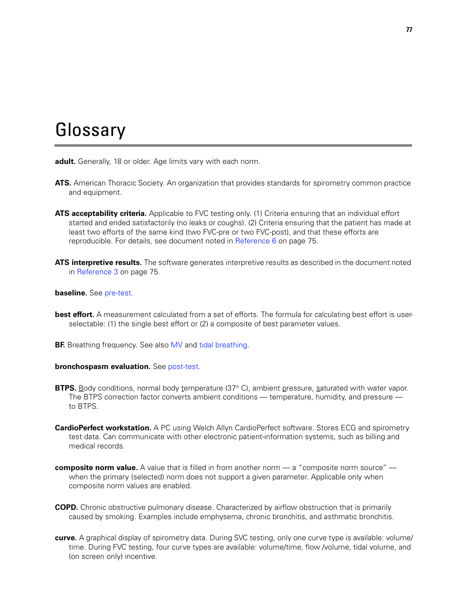 Glossary, Ats interpretive results | Welch Allyn CP 200 Spirometry Option - User Manual User Manual | Page 81 / 92
