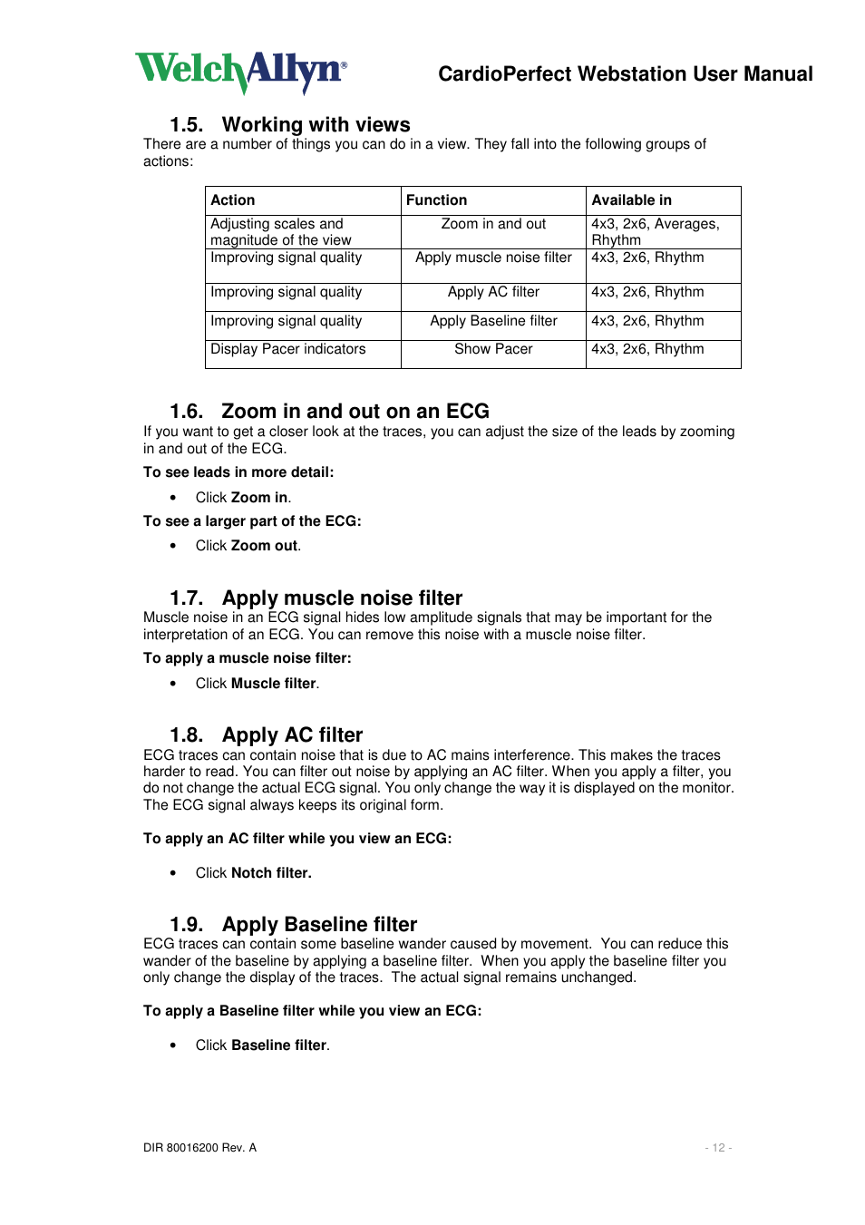 Cardioperfect webstation user manual, Working with views, Zoom in and out on an ecg | Apply muscle noise filter, Apply ac filter, Apply baseline filter | Welch Allyn CardioPerfect Webstation 2.0 - User Manual User Manual | Page 12 / 24