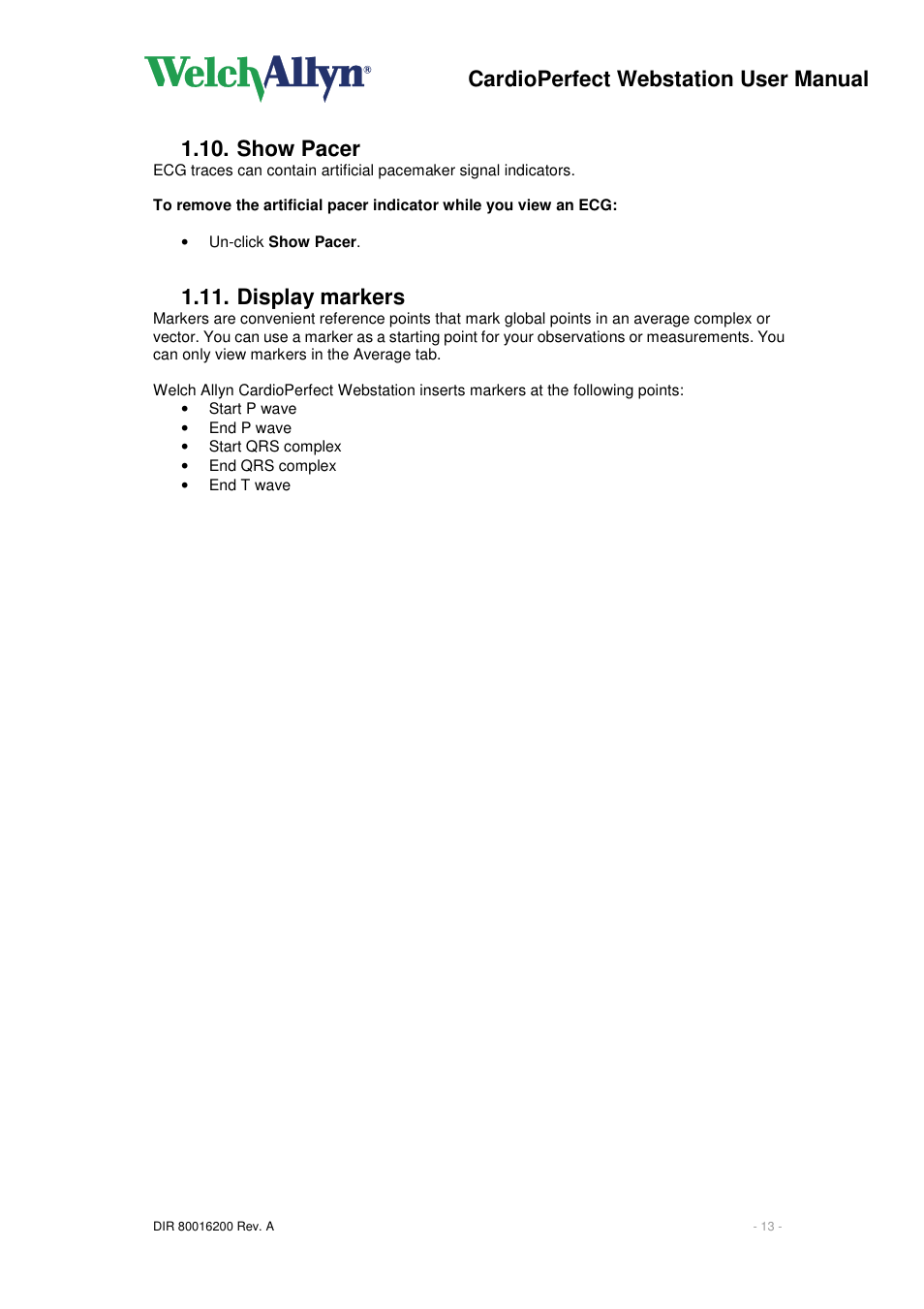 Cardioperfect webstation user manual, Show pacer, Display markers | Welch Allyn CardioPerfect Webstation 2.0 - User Manual User Manual | Page 13 / 24