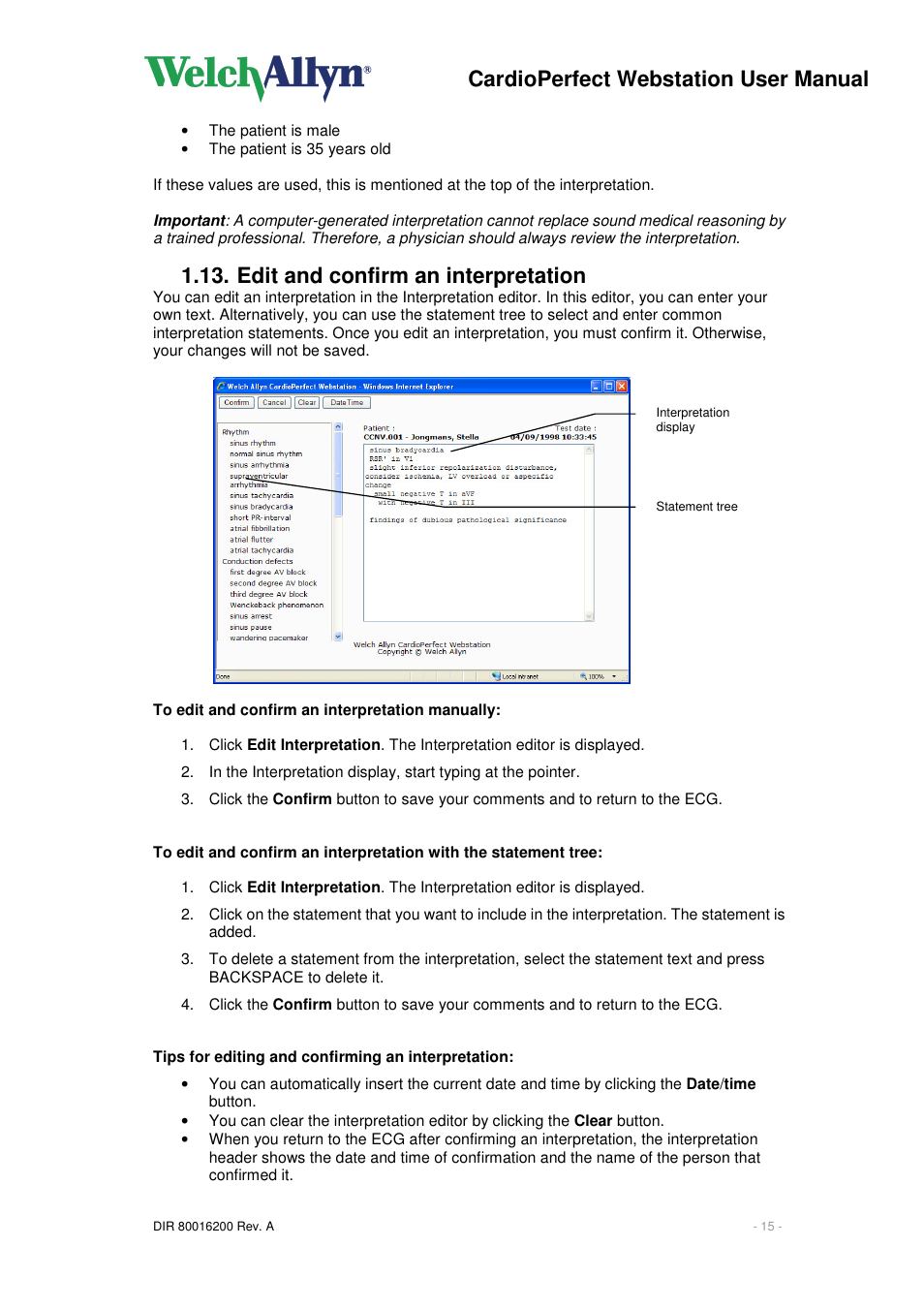 Cardioperfect webstation user manual, Edit and confirm an interpretation | Welch Allyn CardioPerfect Webstation 2.0 - User Manual User Manual | Page 15 / 24