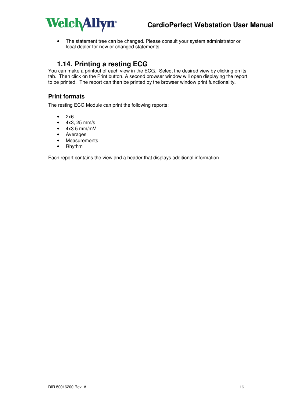 Cardioperfect webstation user manual, Printing a resting ecg, Print formats | Welch Allyn CardioPerfect Webstation 2.0 - User Manual User Manual | Page 16 / 24