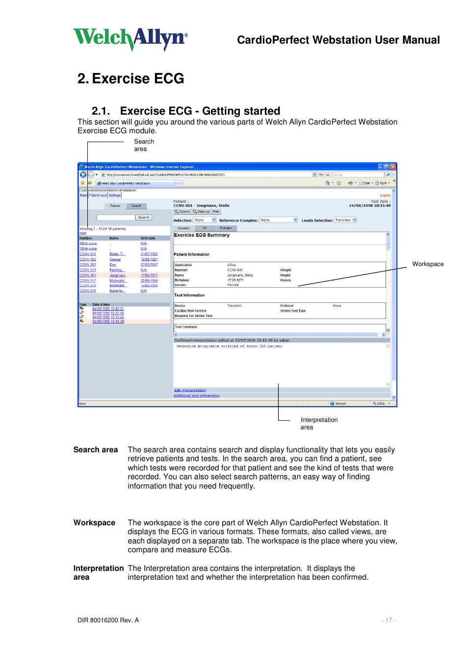 Exercise ecg, Cardioperfect webstation user manual, Exercise ecg - getting started | Welch Allyn CardioPerfect Webstation 2.0 - User Manual User Manual | Page 17 / 24